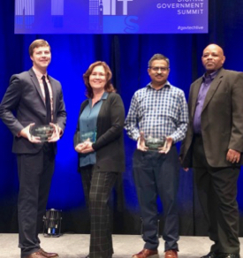 The StormSense Core Team following their acceptance of the Governor's Technology Award. From L: Derek Loftis, (VIMS) Tammie Organski (Newport News, GIS Manager), Sridhar Katragadda (Virginia Beach, Lead Data Scientist), and Pedro Wallace (Virginia Beach, CIO). © K. Havens/VIMS.