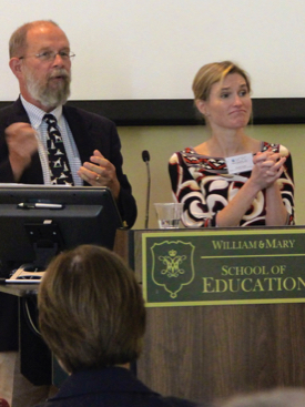 Hershner shares the lectern with co-host Shana Jones during a 2013 conference organized by the Virginia Coastal Policy Clinic. © D. Malmquist.