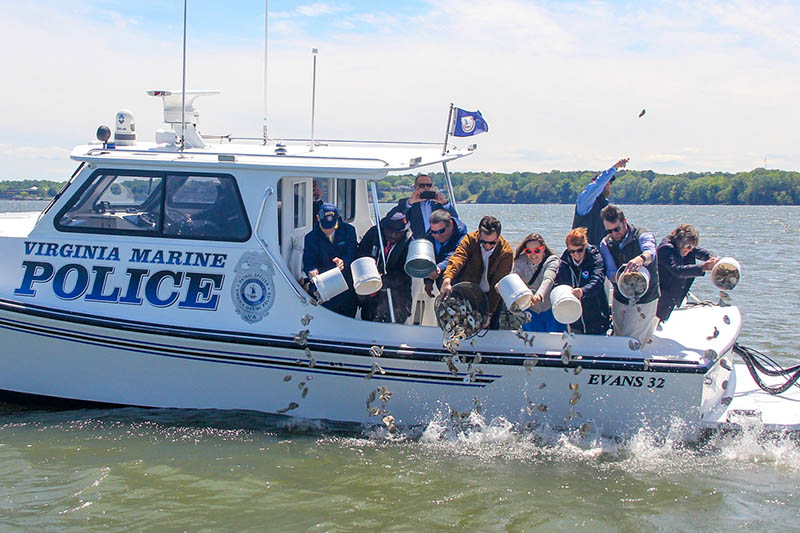 Participants celebrate the completion of restoration efforts in the York River by scattering signed oyster shells over the restored reef. 