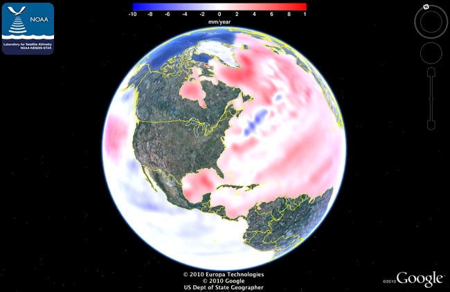 Local sea-level rise in millimeters per year from NOAA satellite data. Note the relatively low rates in the vicinity of Chesapeake Bay. Click image to download data as a Google Earth kml file.