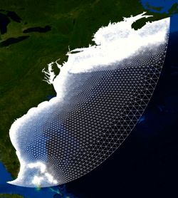 The domain of the SELFE model extends far offshore to incorporate hurricane and ocean dynamics.