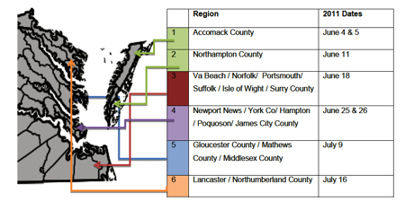 The 2011 survey will take place within 6 areas along Virginia’s Chesapeake Bay shoreline.